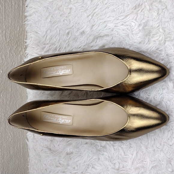 Etienne Aigner Gail Gold Leather Pointed-Toe Skinny Heel Slip On Pump Shoe - Picture 3 of 16